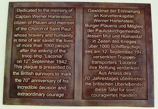 Gedenktafel für Werner Hartenstein, angebracht in der Pauluskirche Plauen, Bronze, Gießerei Ihle (Dresden), 2012
